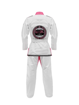 Zeprum Premium Bjj Gi Female Version White With Pink Stitches And With All Embroidery Patches